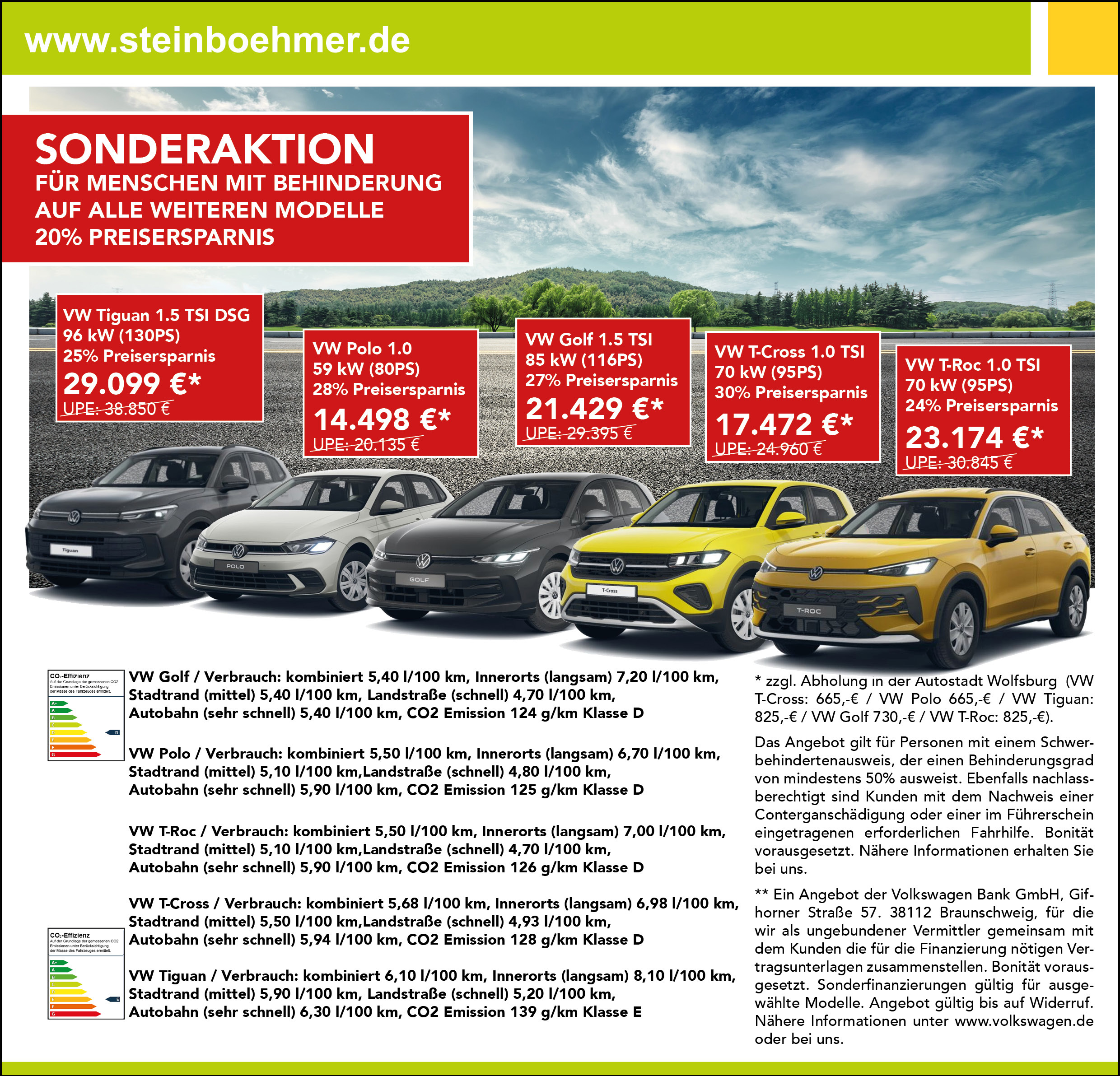 Sonderaktion für Menschen mit Behinderung: bis zu 27% Rabatt. VW T-Roc, VW Tiguan & ein VW T-Cross.