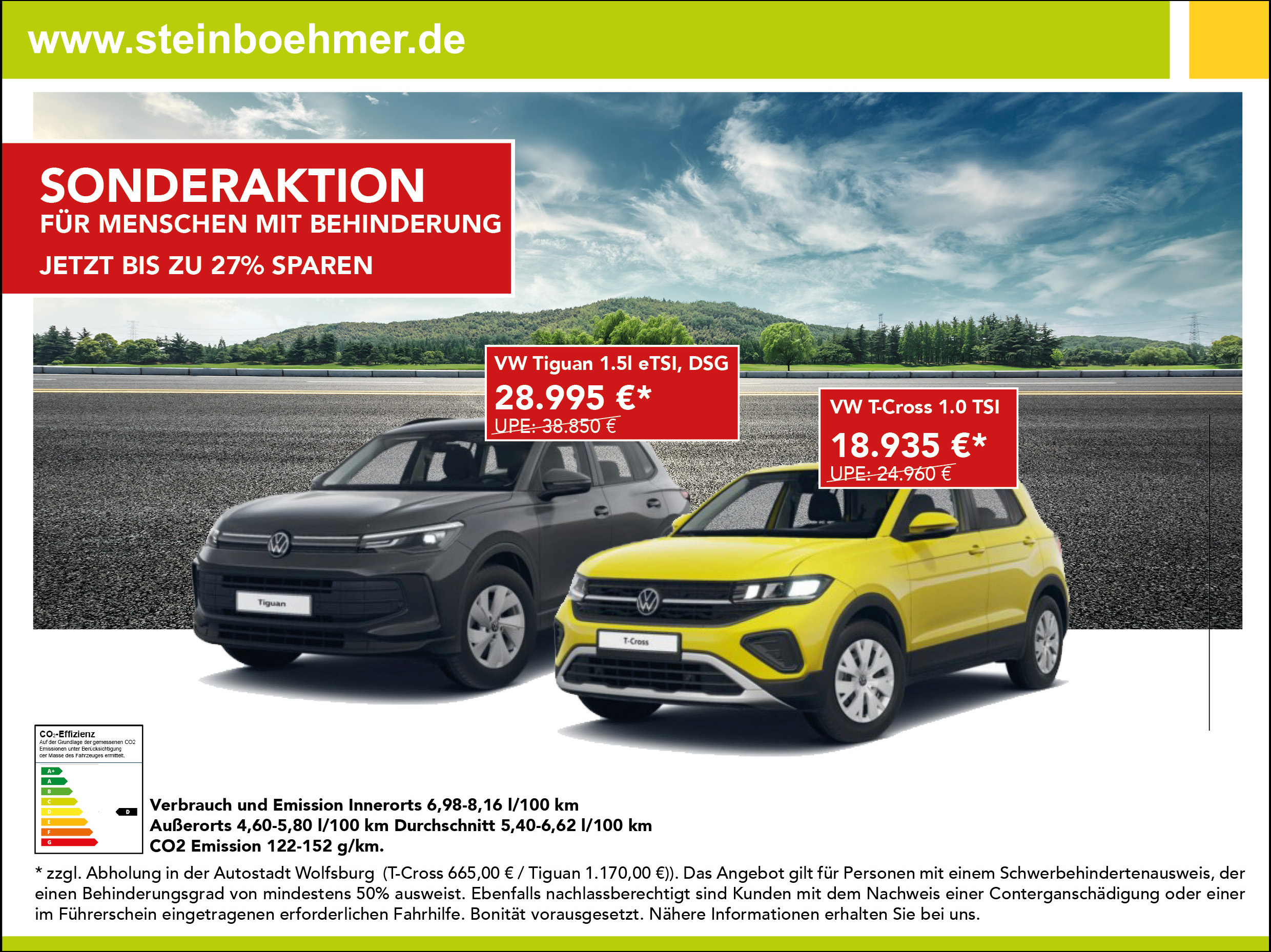 Sonderaktion für Menschen mit Behinderung: bis zu 27% Rabatt. VW T-Roc, VW Tiguan & ein VW T-Cross.