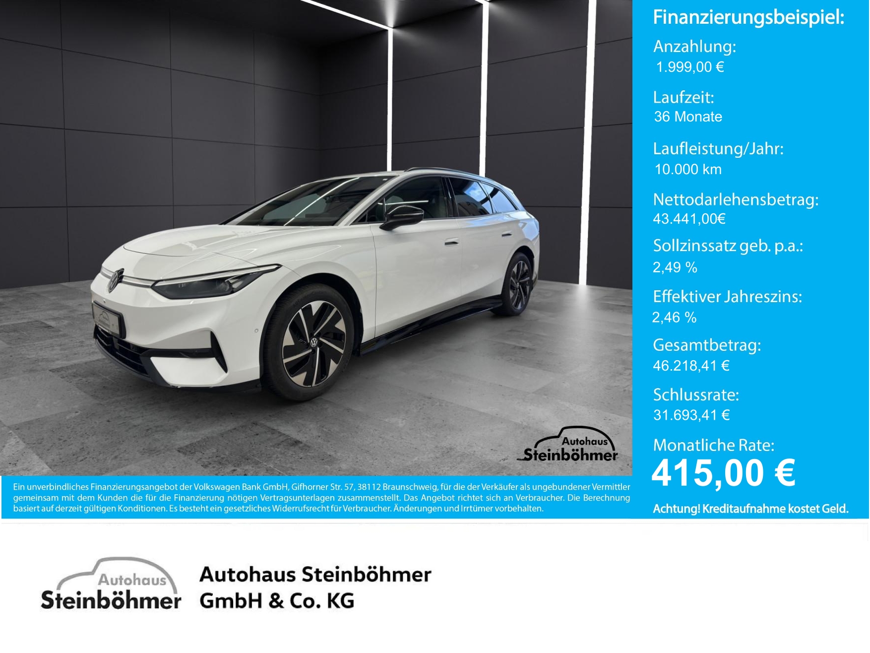 VW ID.7 Tourer Pro 210kW IQ.Light NAV ProMax AHK Bluetooth Head Up Display Navi LED Klima Einparkhilfe el. Fenster